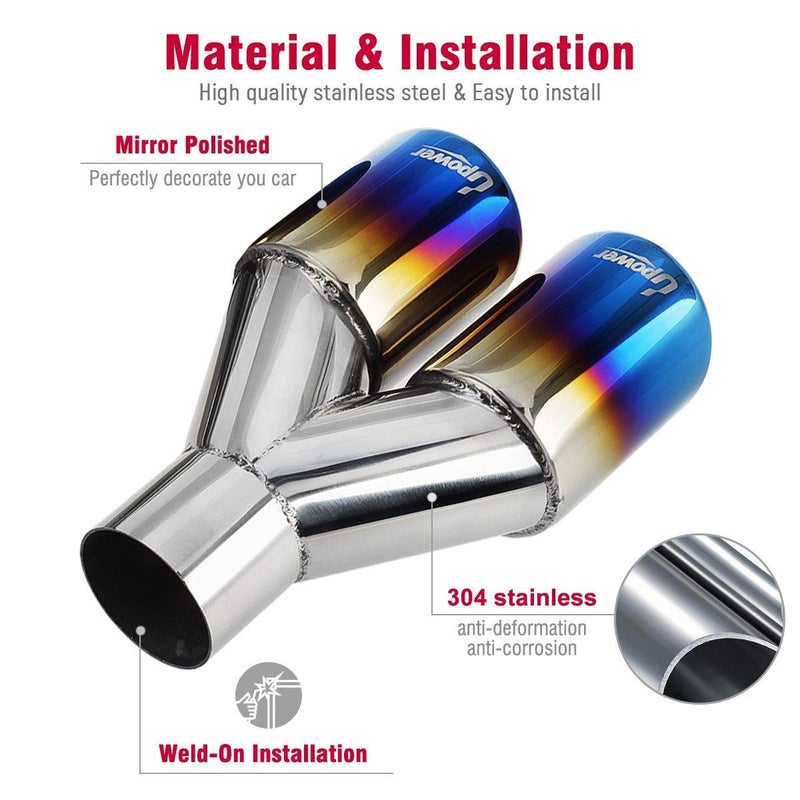 Upower Dual Exhaust Tips 2.25 inch inlet 3 inch outlet 9.2" Long Vacuum Plating Blue 304 Polished Stainless Steel Weld on Staggered Exhaust Tailpipe Tips 2.25" to 3"(Pack of 2) - Image 5